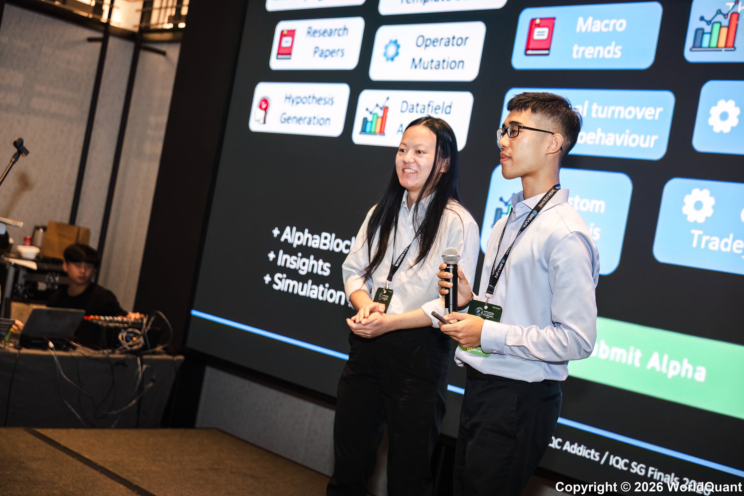 SMU team answering the judging panel's questions on their alphas and research pipeline.