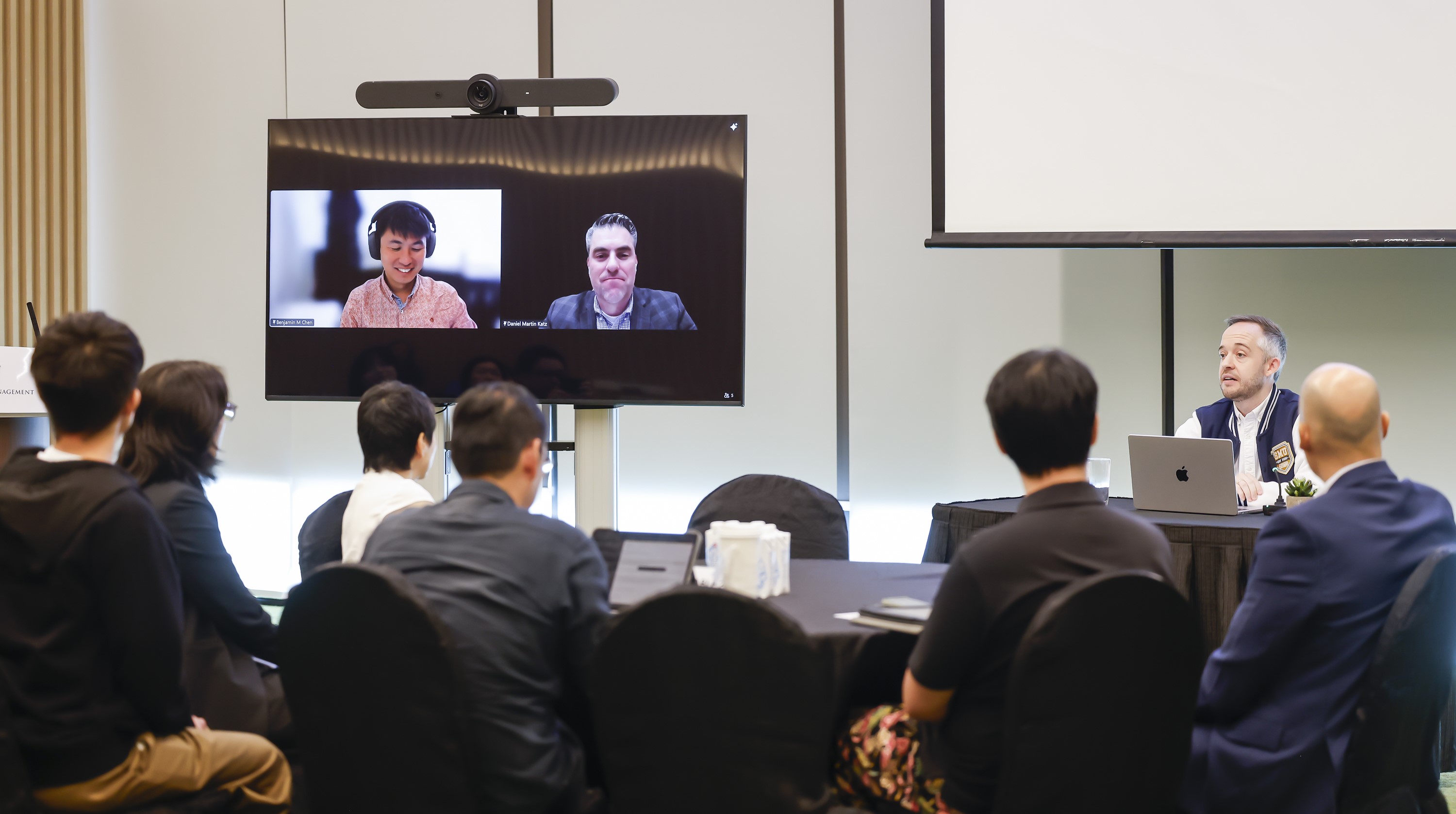 Asst Prof Dirk Hartung (right) moderating a discussion with international experts - (far left) Assoc Prof Benjamin Chen (The University of Hong Kong Faculty of Law) and (centre) Prof Daniel Katz (Illinois Tech-Chicago Kent College of Law)