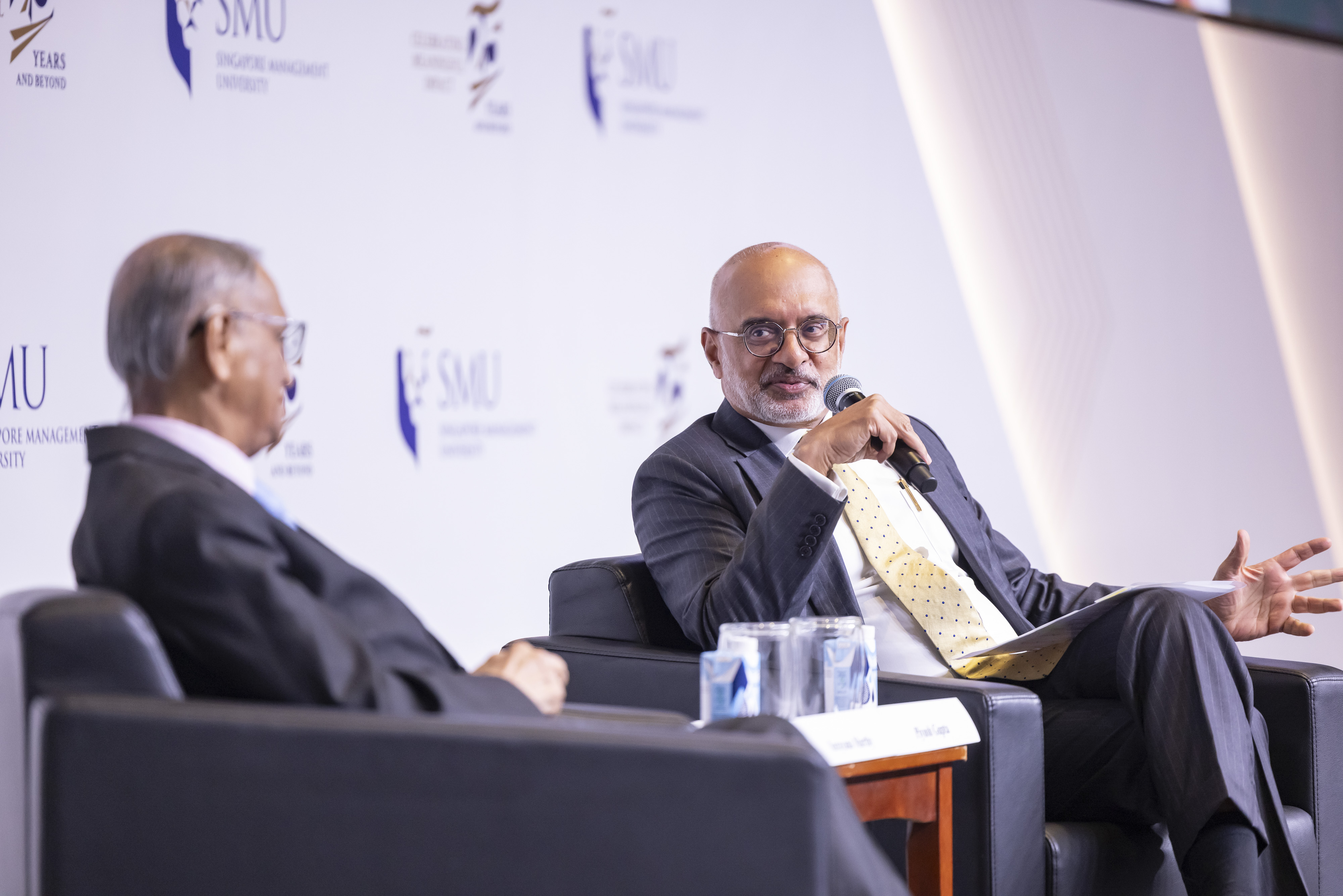 SMU Chairman, Mr Piyush Gupta, and Mr Narayana Murthy during the fireside chat that followed the Lecture.