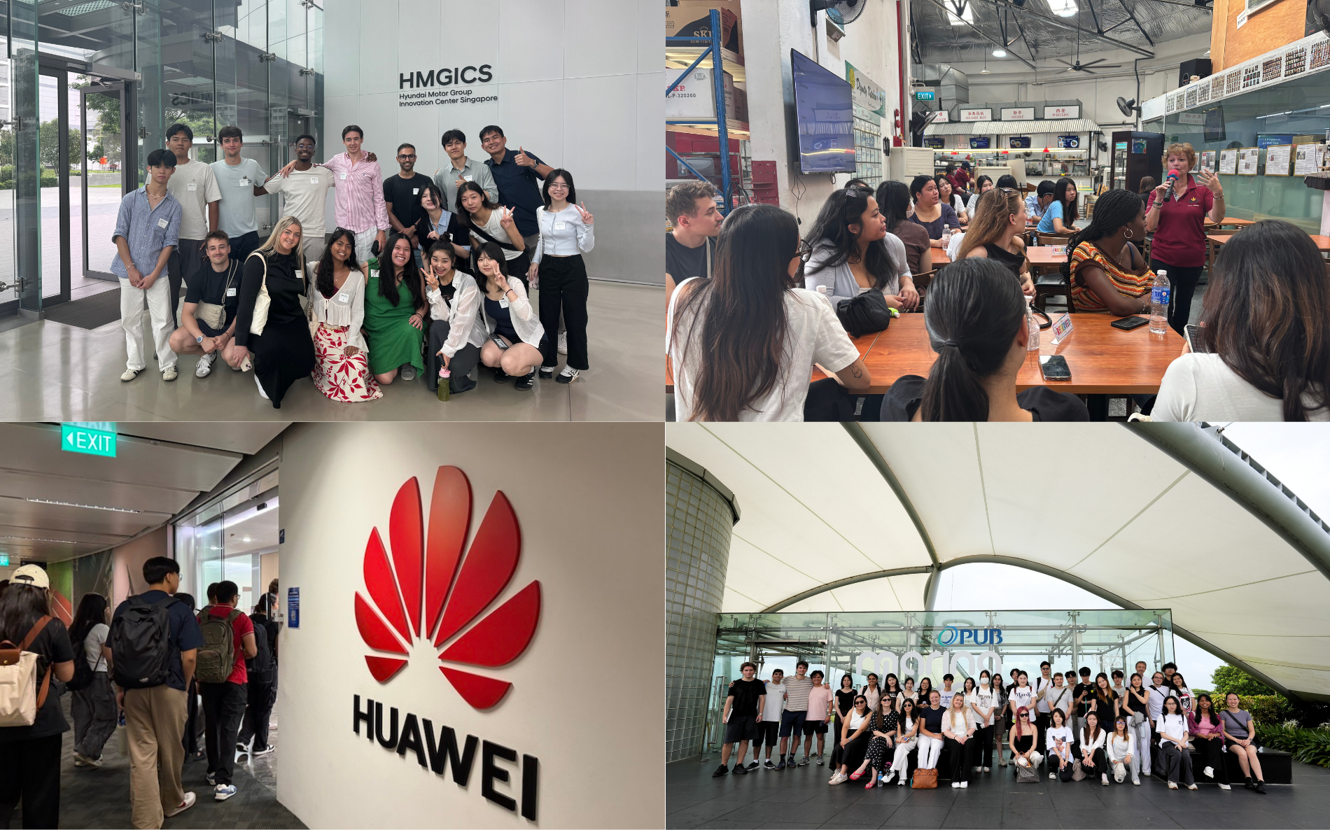 (Clockwise from top left) Visit to Hyundai Motor Group, Innovation Centre Singapore, Visit to Dignity Kitchen, Field trip to Sustainable Singapore Gallery and Marina Barrage, Company visit to Huawei.