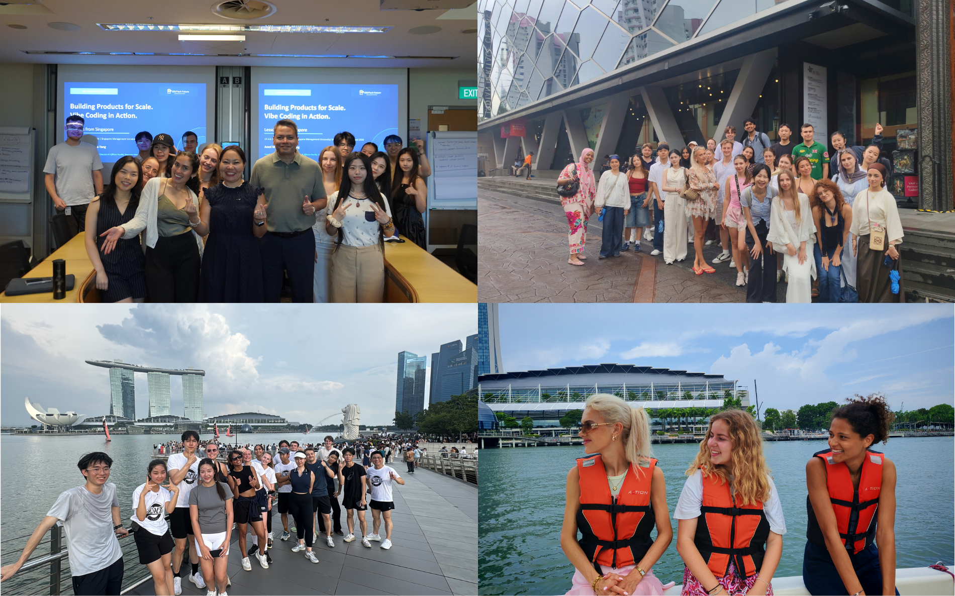 (Clockwise from top left) AI Vibe Workshop, Cultural Tour, Sailing 101 by SMU Sailing Club, City Fun Run in the evening.