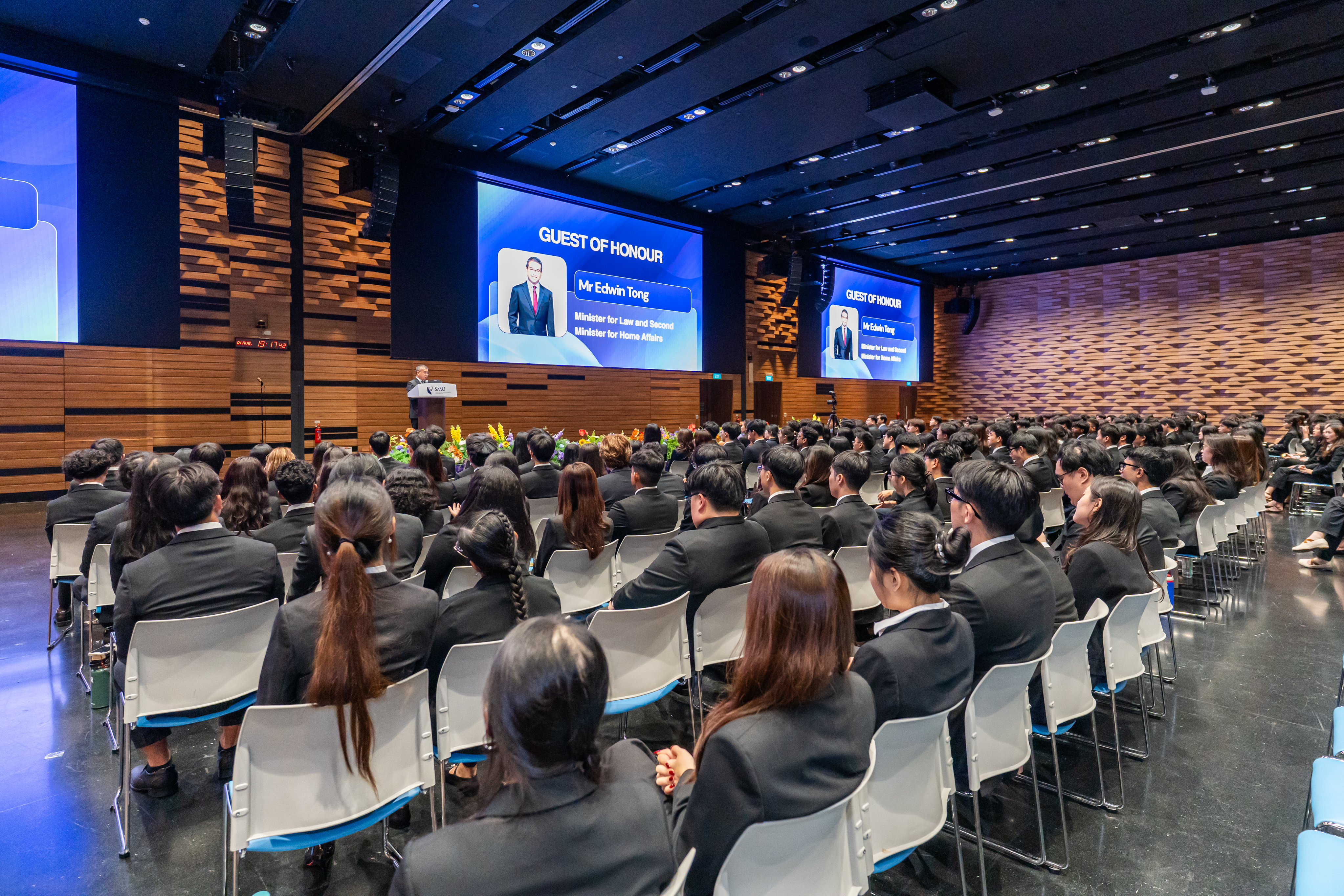 Minister Edwin Tong addressing freshmen of SMU Yong Pung How School of Law (Photo credit: Ministry of Law)