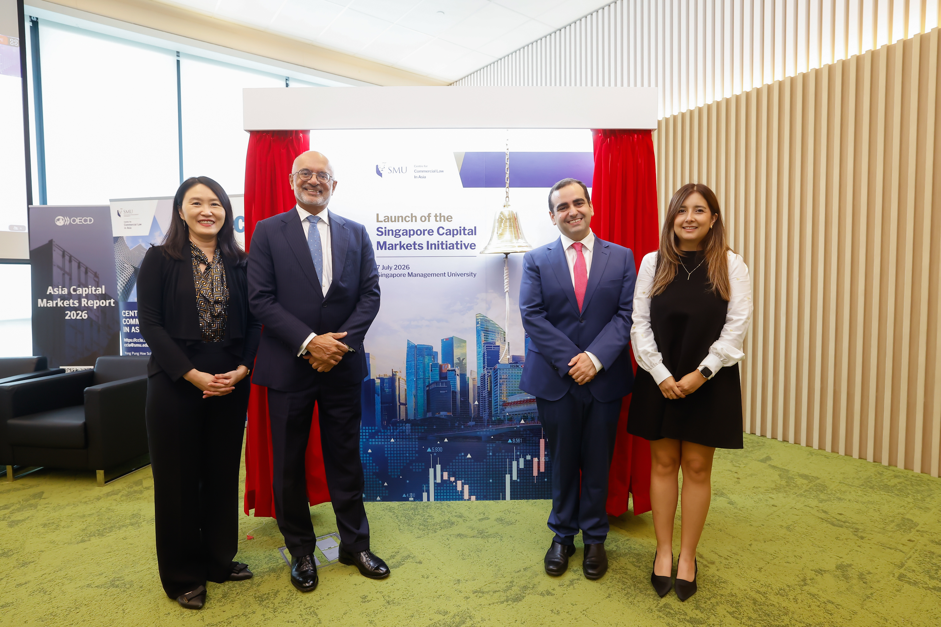 (L-R) Prof Lim Sun Sun, Mr Piyush Gupta, Prof Aurelio Gurrea-Martínez and Asst Prof Nydia Remolina Leon at the launch of the Singapore Capital Markets Initiative at SMU on 7 July 2026.
