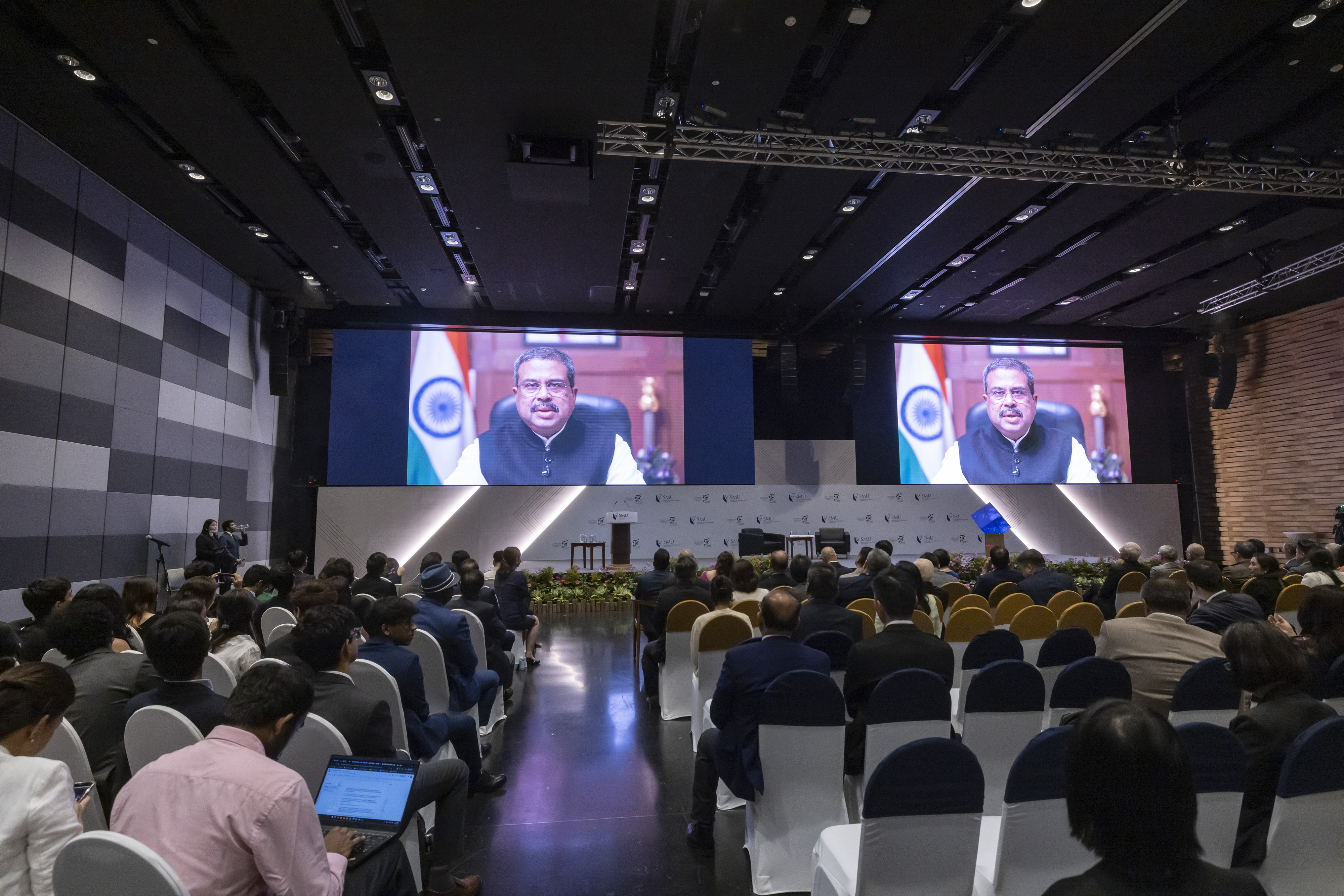 India's Education Minister, Mr Dharmendra Pradhan, addressing the audience in a pre-recorded message.