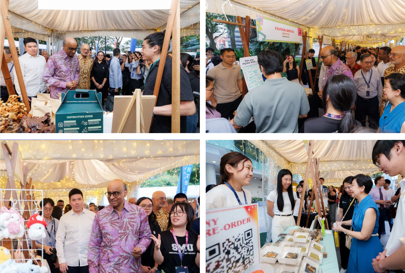 SMU Makers such as Fogo Fungi (pictured top left) and favour.writes (top right) show off their products and services to participants and guests, including President Tharman and Professor Lily Kong.