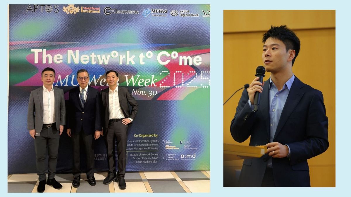 (L-R): Key speakers at the SMU Web3 Conference were Associate Professor of Computer Science Zhu Feida and recipient of the Aptos Move Professorship; SMU Provost Prof Alan Chan, Keppel Professor in Financial Economics Zhang Hong, who is also Director of SKBI; and Asst Prof of Finance Yu Shihao