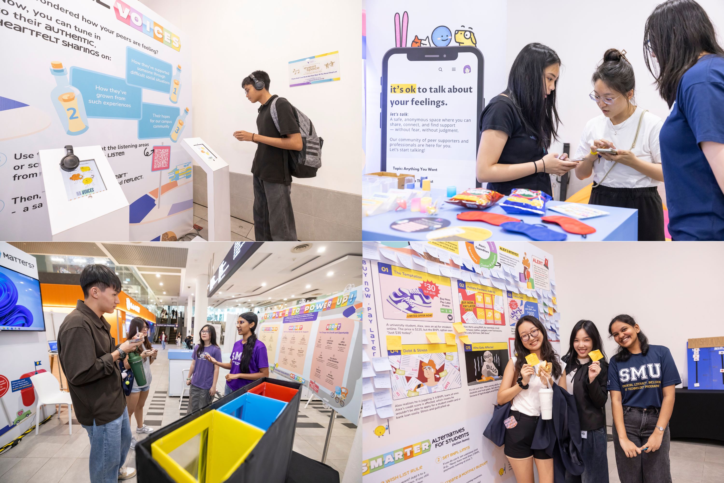 Clockwise from top-left: Social Resilience with Voices@SMU and Voices Advocates, Emotional Resilience with mindline.sg and SMU Psychology Society, Career Resilience with Student Accessibility Support, Dato’ Kho Hui Meng Career Centre, SMU Career Champions, and SMU Purple, and Financial Resilience with SMU FinLIT.