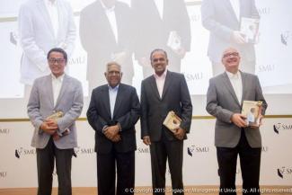 (Left to right): SMU Chairman Mr Ho Kwon Ping, Sixth President of Singapore Mr S R Nathan, Minister for Foreign Affairs and Minister for Law Mr K Shanmugam, and SMU President Professor Arnoud De Meyer.