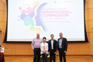 (from left) Dr Hickman, Founding Director of the UC San Diego Center for Mindfulness; Mrs TY Lee; Prof Elvin Lim, SMU Dean of Core Curriculum and Director of Wee Kim Wee Centre; and Jochen Reb, Associate Professor of Organisational Behaviour & Human Resources and Director, Mindfulness Initiatives, SMU, at the inaugural TY Lee Mindfulness Distinguished Lecture Series held at SMU.