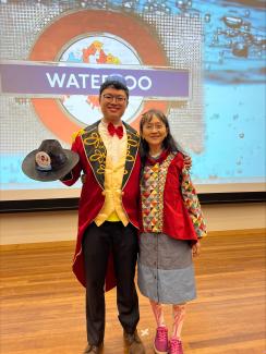 David Yew as Napoleon at the Waterloo Finalé where his song was played, with Rosie Ching, Principal Lecturer of Statistics at SMU