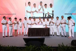Prime Minister Lee Hsien Loong alongside Deputy Prime Minister Heng Swee Keat and other members of the PAP Central Executive Committee celebrating the party's 65th anniversary in November 2019. Read more at https://www.todayonline.com/commentary/what-political-succession-means-singapore PHOTO: TODAY