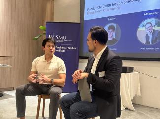 SMU Assoc Prof Kenneth Goh (R) moderating a fireside chat with Mr Joseph Schooling at the BFI Next-Gen Club launch