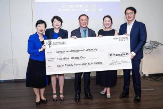 Mr Bachtiar Karim (middle), founder of the Karim Family Foundation, and his wife Ms Dewi Sukwanto, (second from left), together with their daughter Ms Cindy Karim (second from right) and son Mr Chayadi Karim (first from right), handed over a donation check of $2 million to Professor Lily Kong, President of SMU (first from left) on Monday. (Photo: SMU)