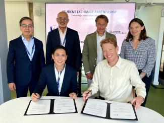 From February 2026, SMU College of Integrative Studies (CIS) students will gain access to newly established student exchange opportunities with Durham University, University College Utrecht and London Interdisciplinary School (LIS). CIS Dean, Prof Elvin Lim (front, left) is pictured signing the agreement with Ed Fidoe, Founder and CEO of LIS on 8 July 2025 at LIS. Photo credit: CIS