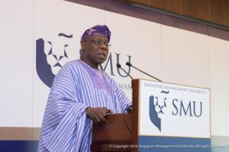 Mr Olusegun Obasanjo speaking in SMU's Presidential Distinguished Lecturer Series