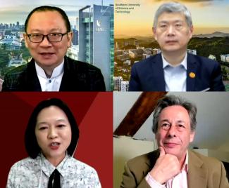 (Clockwise from top left) SMU’s Associate Provost (Postgraduate Professional Education) and Associate Professor of Accounting (Practice) Themin Suwardy; Southern University of Science and Technology’s Acting Vice President, Dr Li Jin; Oxford International Education Group’s Chief Development Officer, Dr David Pilsbury; and (moderator) Taipei Medical University’s Dean of Office of Global Engagement, Prof Pei-Shan Tsai.
