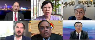 (Clockwise from top left) Hong Kong Baptist University’s President and Vice-Chancellor, Prof Alexander Wai; SMU’s President, Prof Lily Kong; Chung-Ang University’s Provost and Executive Vice President of Research, Prof Joonki Paik; Tsinghua University’s Vice President and Provost, Prof Yang Bin; Indian Institute of Technology Guwahati’s Director, Prof T. G. Sitharam; and (moderator) QS’ Editor and Programme Designer, Mr Anton John Crace.