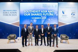 (From left) Prof Alan Chan - SMU Provost-Designate, Singapore Management University; Mr Aaron Tan - Co-founder, Carro and SMU Alumnus; Singapore DPM Heng Swee Keat; Jaime Ho - Editor, The Straits Times (ST); Mr Piyush Gupta - CEO, DBS Bank and SMU Chairman and Mr Aldi Haryopratomo - Investor and Entrepreneur, at The Straits Times Education Forum 2025 on March 11, 2025 at SMU.