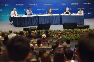 The panel at The Straits Times Education Forum consists of (from left) Singapore Management University (SMU) provost Timothy Clark, SMU associate professor of strategic management Reddi Kotha, ST opinion editor and debate moderator Chua Mui Hoong, and social entrepreneurs Aral Balkan and Sumitra Pasupathy.ST PHOTO: JASMINE CHOONG