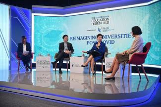 Education Minister Lawrence Wong speaking at The Straits Times Education Forum 2021 on Reimagining Universities, Post-Covid, yesterday. With him are (from left) ST senior education correspondent Sandra Davie, Singapore Management University president Lily Kong and Ms Lydia Lim, head of schools and education products at Singapore Press Holdings. ST PHOTO: KUA CHEE SIONG