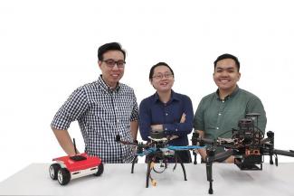 (From left): MyrLabs founder and managing director Gabriel Yee, software lead Edmund Heng, and hardware and robotics lead Heng Wee Ping. The start-up is developing a system that allows robots to operate in complex areas. PHOTO: MYRLABS