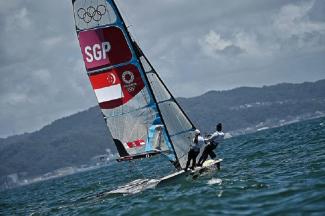 Kimberly Lim and Cecilia Low in yesterday's 49er FX medal race at the Enoshima Yachting Harbour. They were 10th out of 21 overall. ST PHOTO: KUA CHEE SIONG
