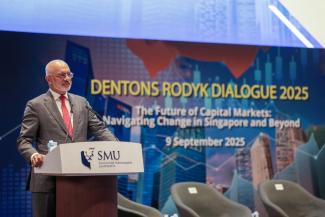 SMU chairman and former DBS CEO Piyush Gupta delivering the keynote address at the Dentons Rodyk Dialogue 2025 held in SMU on Tuesday (Sep 9). PHOTO: CMG
