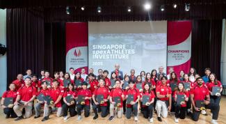 At the Singapore Sports Excellence Athletes Investiture, the inaugural batch of 12 athletes was awarded the new spexEducation Undergraduate Scholarship designed to support the academic aspirations of high-performance athletes, together with awardees for two other programmes. SMU undergraduate and national shooter Fernel Tan is standing on the extreme right (second row). (Photo credit: Singapore Sports School)