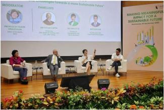 Minister for Sustainability and the Environment Grace Fu (second from right) speaking on the panel at the SMU Sustainability Forum on Sept 20. The panel, moderated by Professor Paulin Straughan (left), also included SMU chairman Piyush Gupta (second from left) and Insect Feed Technologies CEO Sean Tan. ST PHOTO: JASON QUAH