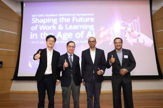 The opening of the MIT-SMU Resilient Workforces Symposium on 30 July (L-R) with Prof Jinhua Zhao of MIT, SMU Provost Prof Alan Chan, Senior Minister of State for the Ministry of Education and the Ministry of Sustainability and the Environment Dr Janil Puthucheary and SMU Vice Provost (Research) Prof Archan Misra.