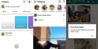 Screengrabs showing outage issues on (left to right) Facebook, Instagram and WhatsApp.