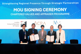The MOU signings took place during the IVAS-IVSC Business Valuation Conference, and were witnessed by Second Minister for Finance and National Development Indranee Rajah (third from left). PHOTO: ACCOUNTING AND CORPORATE REGULATORY AUTHORITY (ACRA)