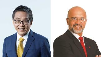 The founding chairman of Singapore Management University (SMU) Ho Kwon Ping will step down in January 2023 and will be succeeded by DBS Group CEO Piyush Gupta. (Photos: SMU)