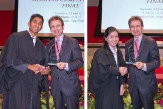 Former SMU international mooters Devathas Satianathan (left photo) and Yeo Gek Min (right photo) receiving the top prize from Mr Roderick Cordara, QC (ECC). (Photo credit: Organisers ECC & SAL.)