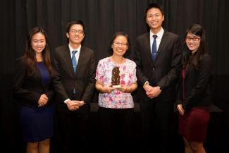 The Cognitare team which did SMU proud at Champions Trophy Case Competition (CTCC) 2016: (L-R) Sally Tan Si Qian, Tan Tze Heng, Senior Lecturer Ma Kheng Min (faculty advisor), Justin Bay Jin Cheng and Phua Su Ann.