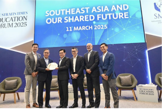 DPM Heng Swee Keat (third from left) with (from left) Carro co-founder Aaron Tan, SMU provost-designate Alan Chan, ST Editor Jaime Ho, DBS CEO and SMU chairman Piyush Gupta and investor and entrepreneur Aldi Haryopratomo at The Straits Times Education Forum 2025.ST PHOTO: DESMOND WEE