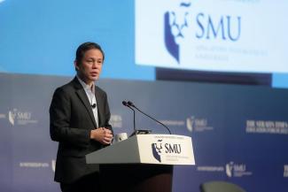 Education Minister Chan Chun Sing speaking at The Straits Times Education Forum at SMU Yong Pung How School of Law on Feb 10, 2022. ST PHOTO: GAVIN FOO