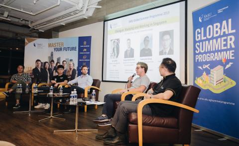 GSP 2019 gained valuable insights from panelists at the “Studying and Working in Singapore” dialogue: (from left) Huang Kai Xiong, SMU alumnus, (MITB), Ji Yang, who is currently enrolled in SMU (MPA) programme, Stojan Budimirovic, SMU alumnus, (MPA), and Kai Loffler, SMU alumnus, (MiM).